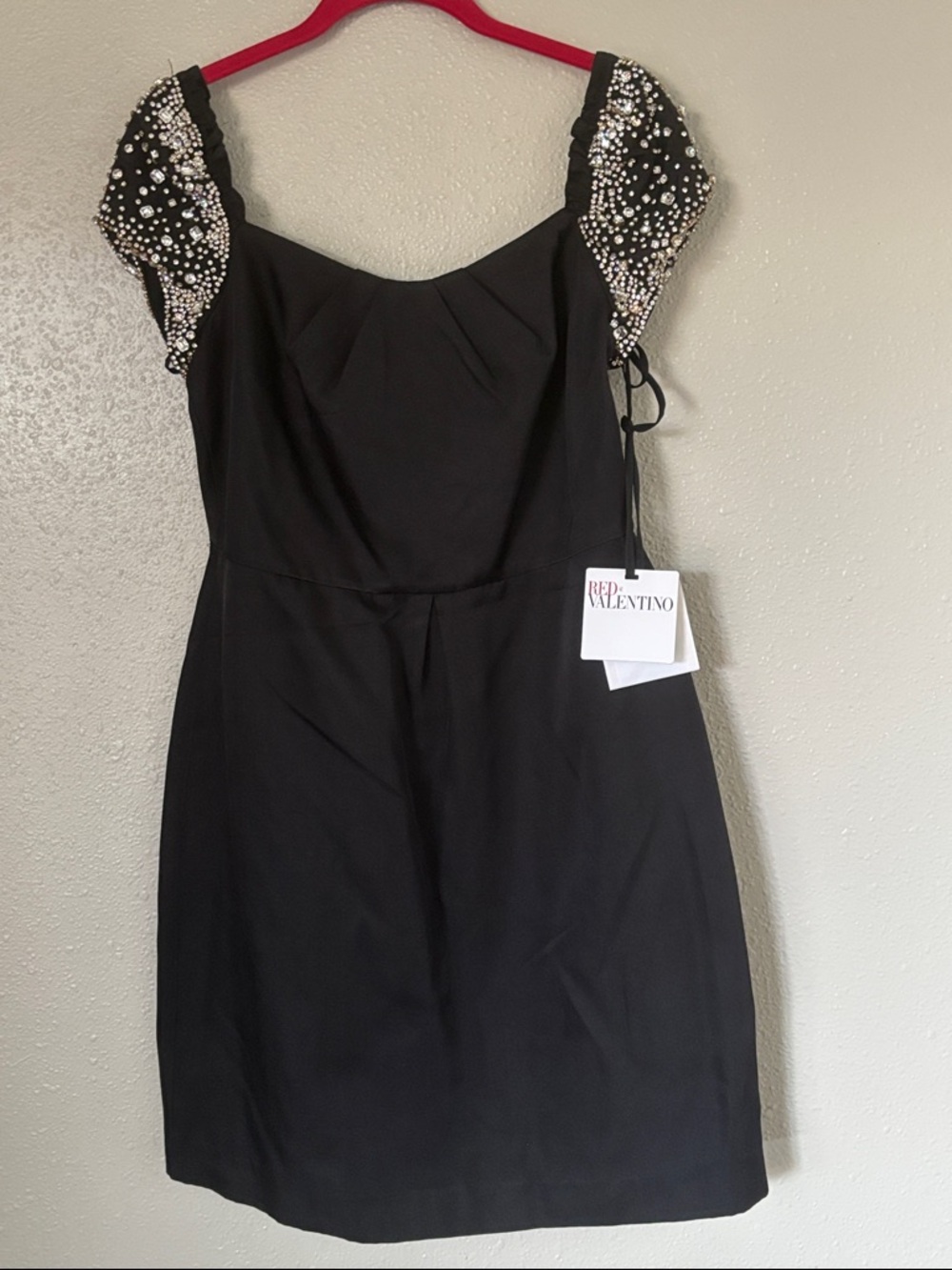 RED Valentino Black Mini Dress with Beaded Puff Sleeves